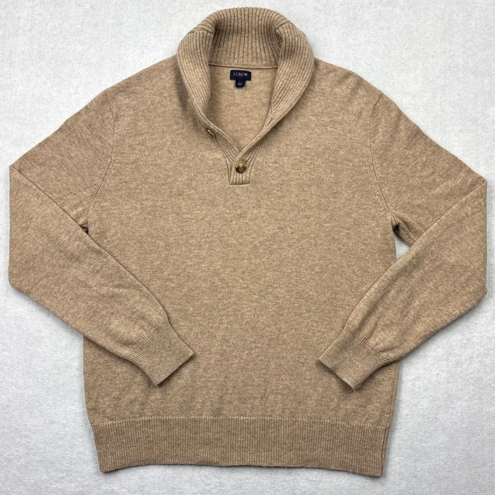 J.Crew Shawl Collar Sweater Mens Large L Heathered Tan Lambs Wool Blend Pullover